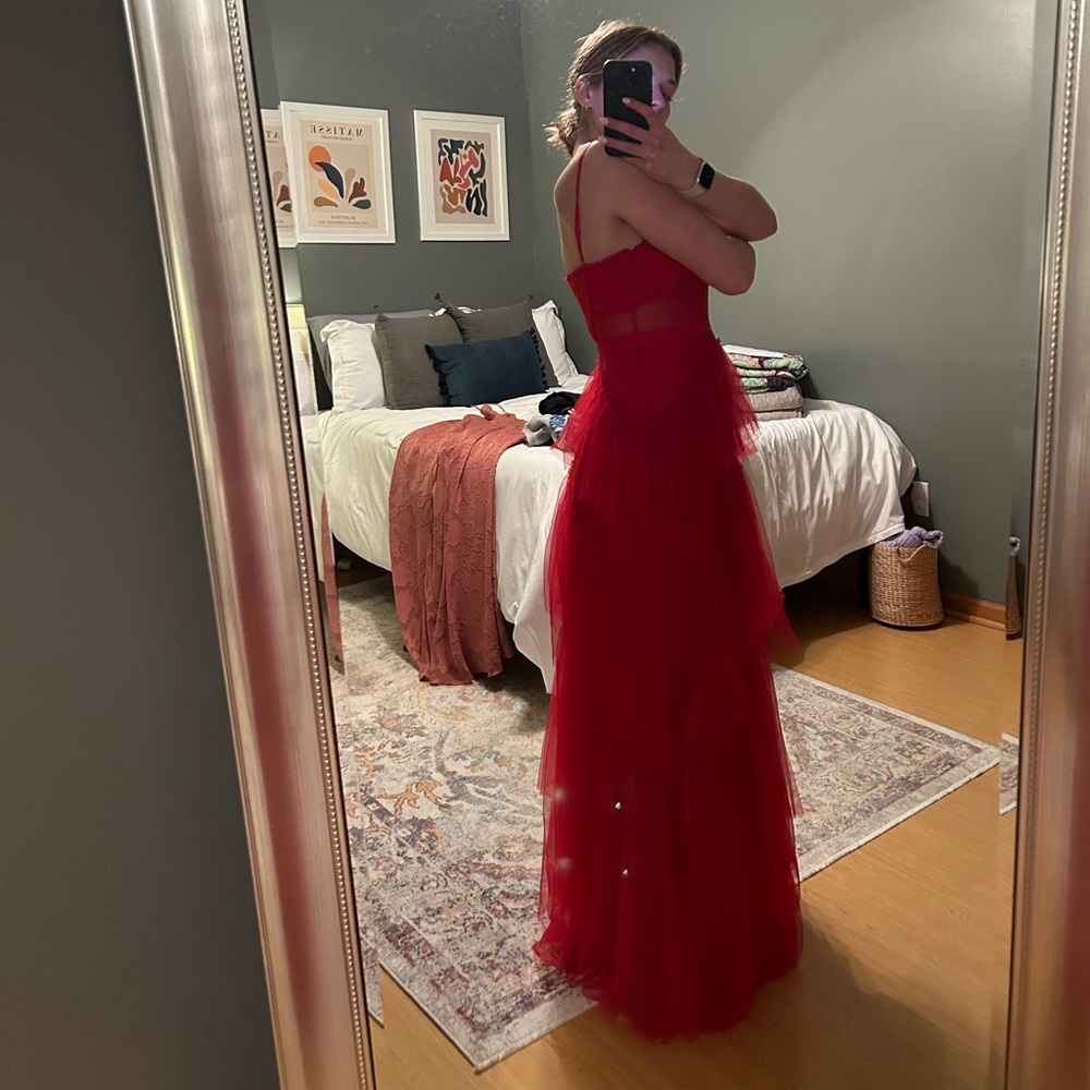 Betsy & Adam Red Tiered Tulle Prom Dress - Picture 7 of 10